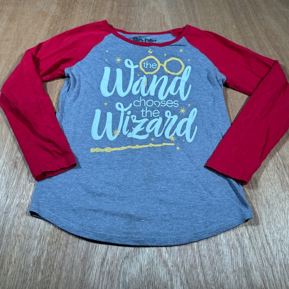 Harry Potter Graphic Tee Kids Size 14 Gray Red Wand Chooses Wizard Raglan Shirt